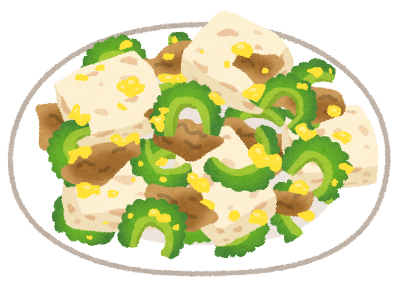 ゴーヤと豆腐を炒めた沖縄料理、ゴーヤチャンプルー（ゴーヤーチャンプルー）のイラスト
