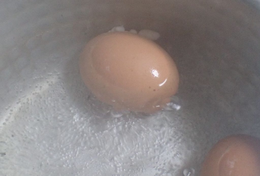 冷蔵庫から取り出してすぐ沸騰したお湯に入れたタマゴの殻が割れて白身が飛び出した！