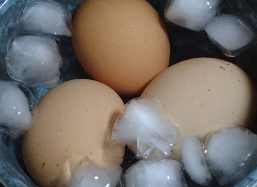 茹で終わった卵を氷水で冷やす